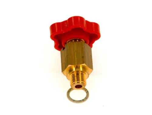 Rotes Auslaufventil mit einer metallischen Basis. Der obere Teil hat eine Griffvorrichtung in Rot. Zu erkennen ist die Marke Bosch.
